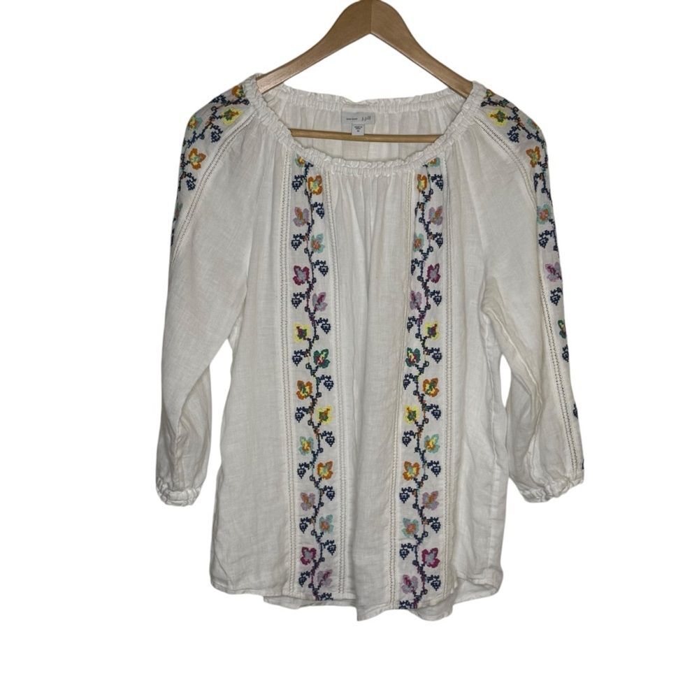 J. Jill Women's Love Linen White Embroidered Boho Peasant Top Women's Size M